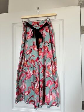 VICOLO Flamingo-Print Palazzo style pants  with Black Tie